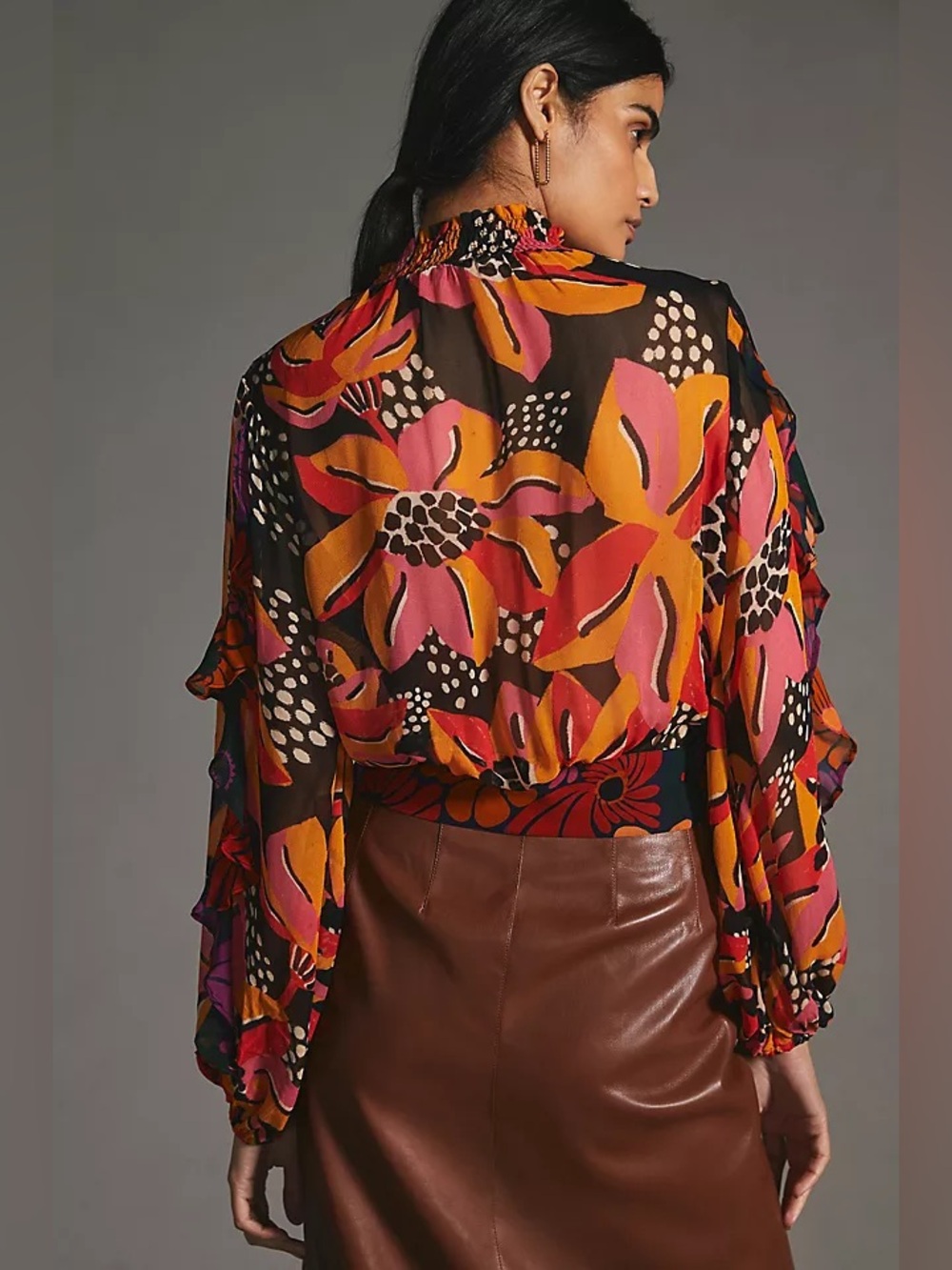 FARM Rio Sheer Ruffled Blouse | Orange Motif - Picture 2 of 12